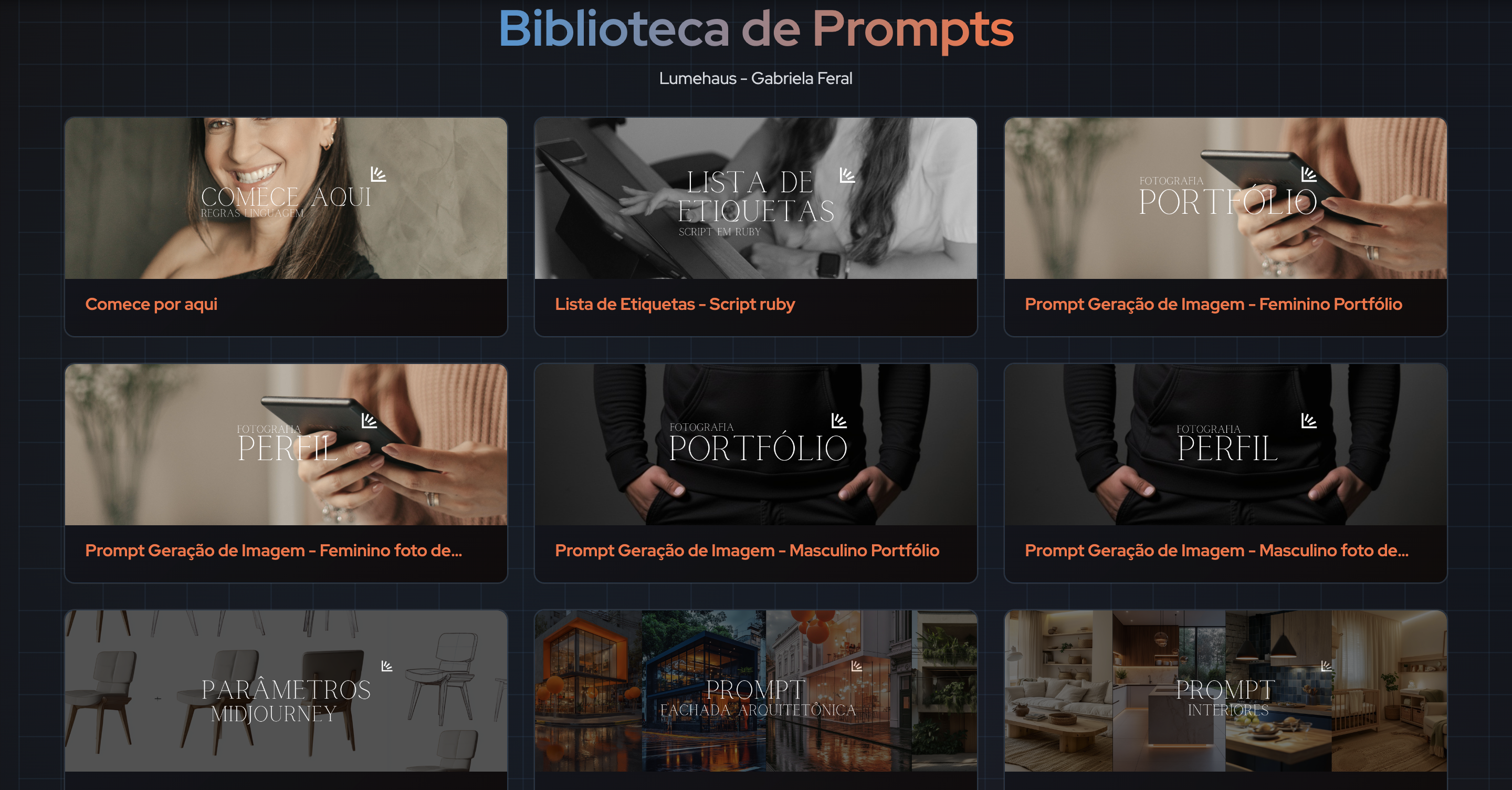 Biblioteca de prompts organizados por categoria para arquitetos e designers