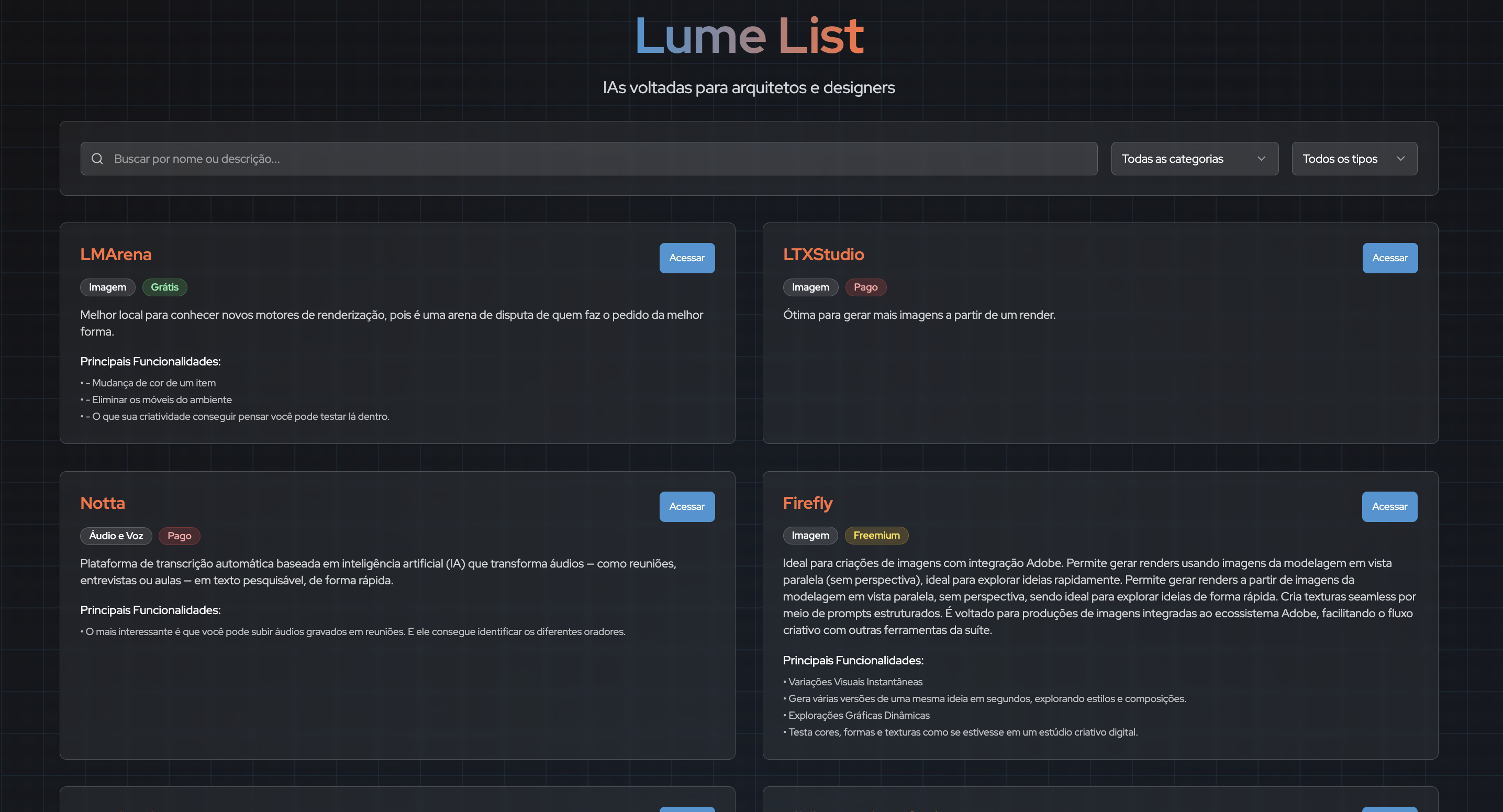 Interface do LUME List mostrando catálogo organizado de ferramentas de IA para arquitetos e designers