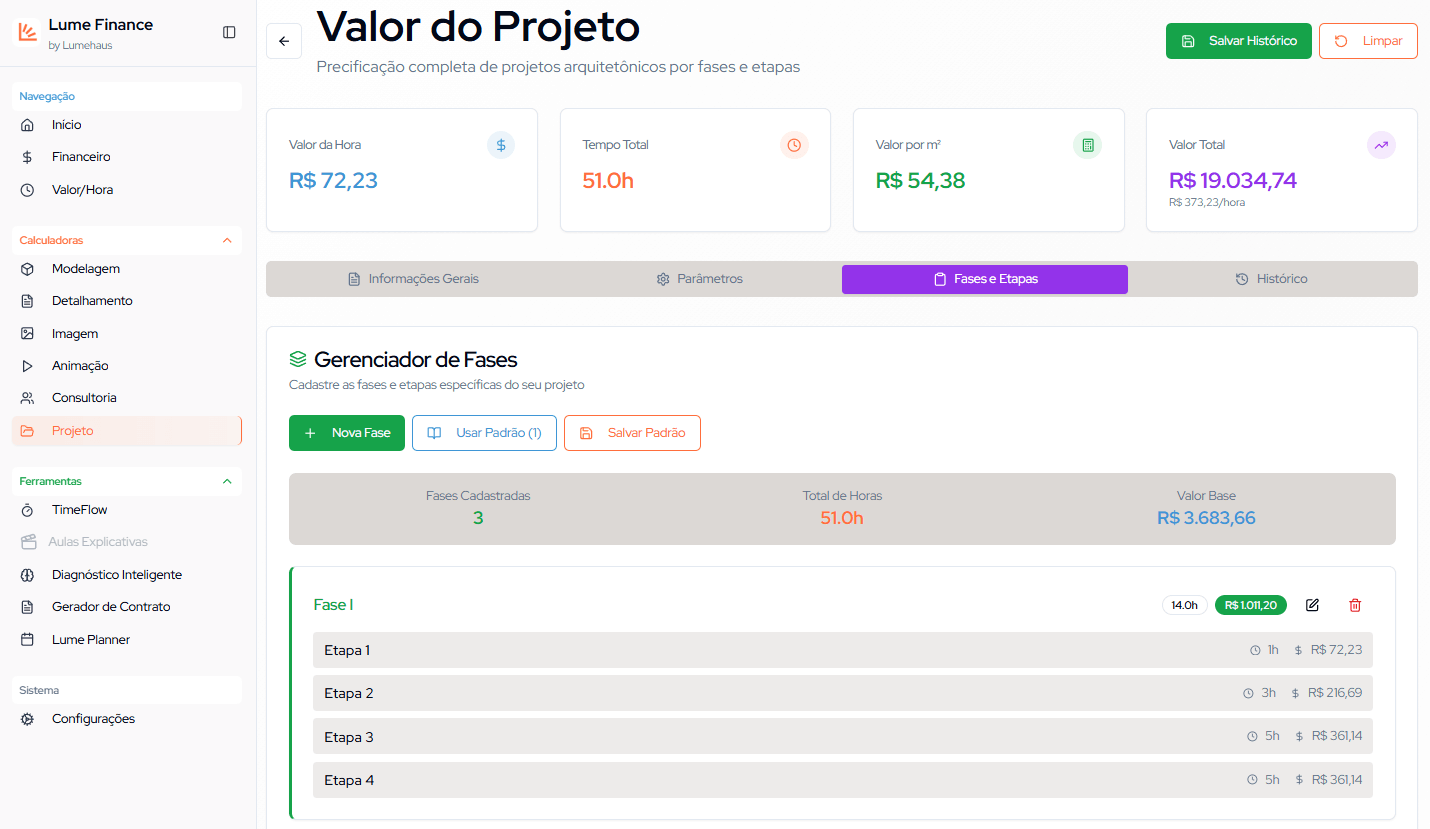 Dashboard do LUME Finance mostrando ferramentas de precificação inteligente e gestão financeira para arquitetos