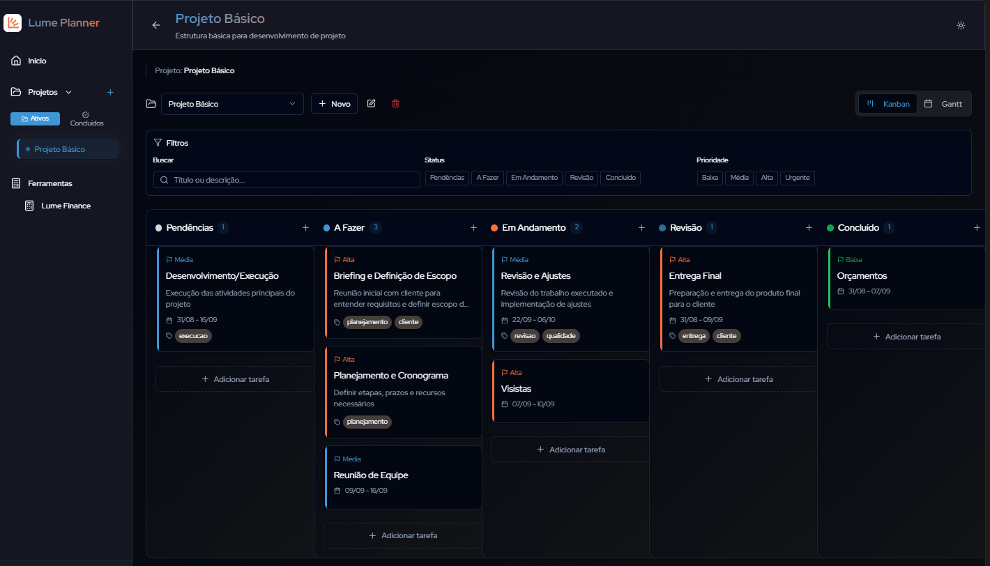 Dashboard do LUME Planner com visão Gantt e Kanban para gestão estratégica de projetos